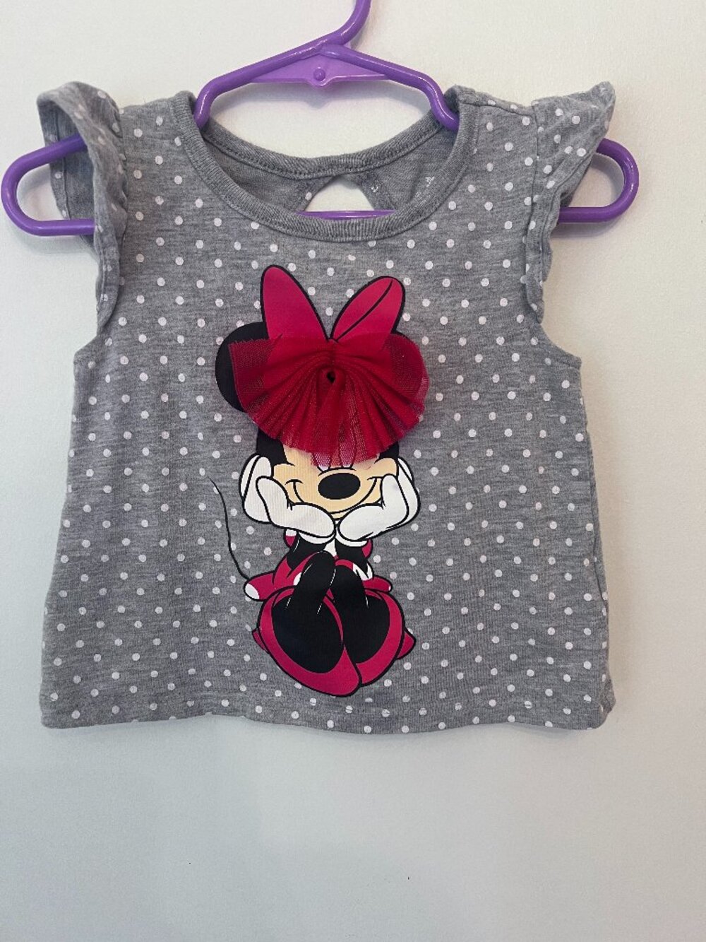 Disney Minnie Mouse Gray Polka Dot Flutter Sleeve Top with 3D Tulle Bow 3T
